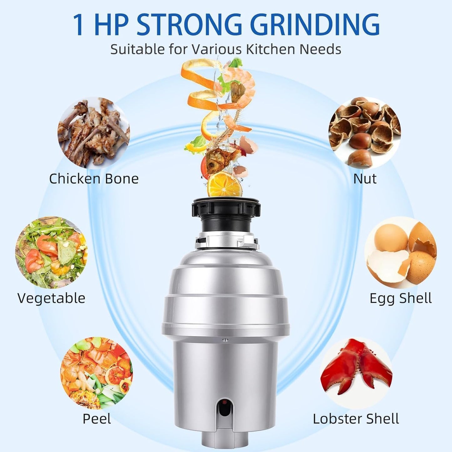 Powerful 1HP Stainless Steel Garbage Disposer, Dishwasher-Friendly and Continuous Feeding Waste Disposer, Grinding Material Four-Stage Grinding, Silver