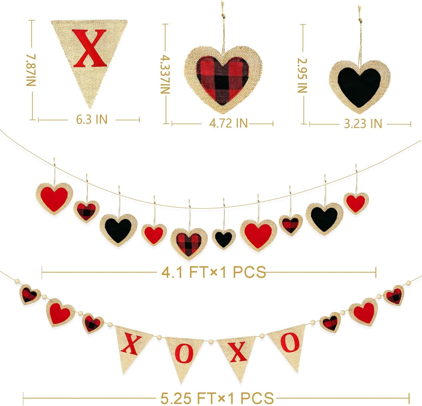 Valentine’s Day Party Decorations Felt XOXO Sign Triangle Pennant Banner Flag Buffalo Plaid Red Black Heart Burlap Garland with Wood Beaded for Wedding Birthday Valentine’s Day Party Supplies