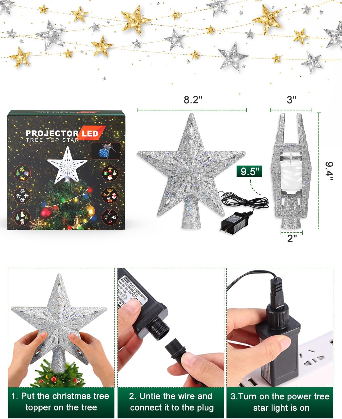 Kesfitt Christmas Tree Topper with 10M Colorful Light Cord, Tree Top Star Decoration with 6 Projection Modes, Silver Tree Topper Lighted 3D Glitter Dynamic Projection for Xmas Party Holiday