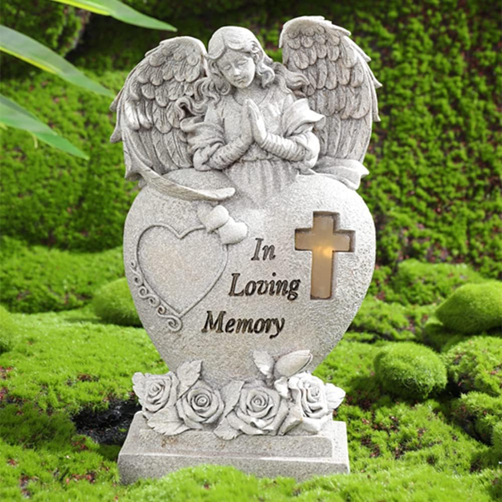 Garden Angel Statue with Cross Solar LED Light, Memorial Gifts for Loved Ones, Cemetery Grave Decorations
