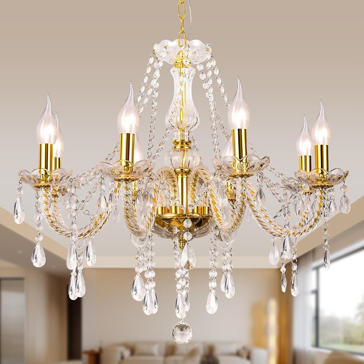 Modern Elegant 8 Lights K9 Crystal Glass Chandelier Golden Pendant Ceiling Lighting European Style for Dining Living Room Bedroom Transparent, 8 E12 Bulbs Required