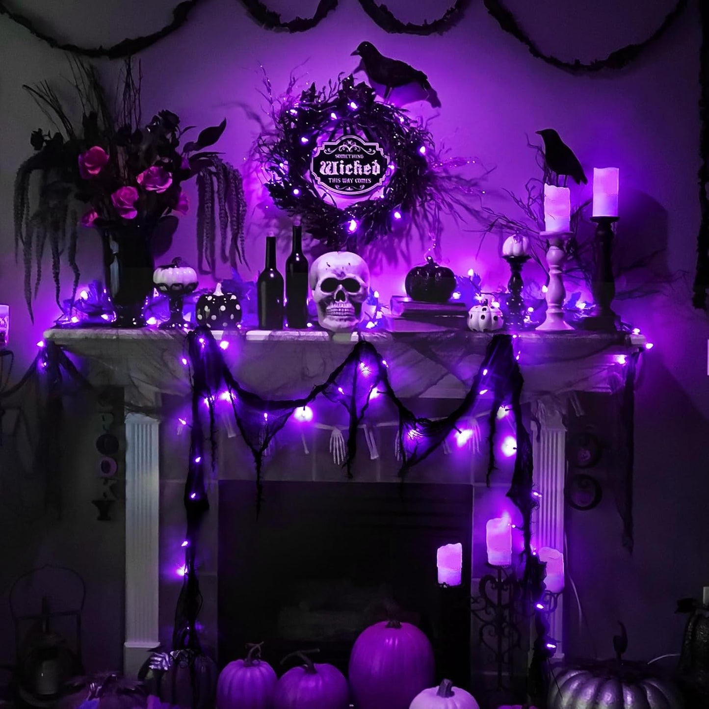 Halloween Horror Atmosphere Lights, Orange&Purple LED String Lights with 9.9FT Creepy Black Gauze, Battery Powered with Timer & 8 Flashing Modes (2 Pack Purple)