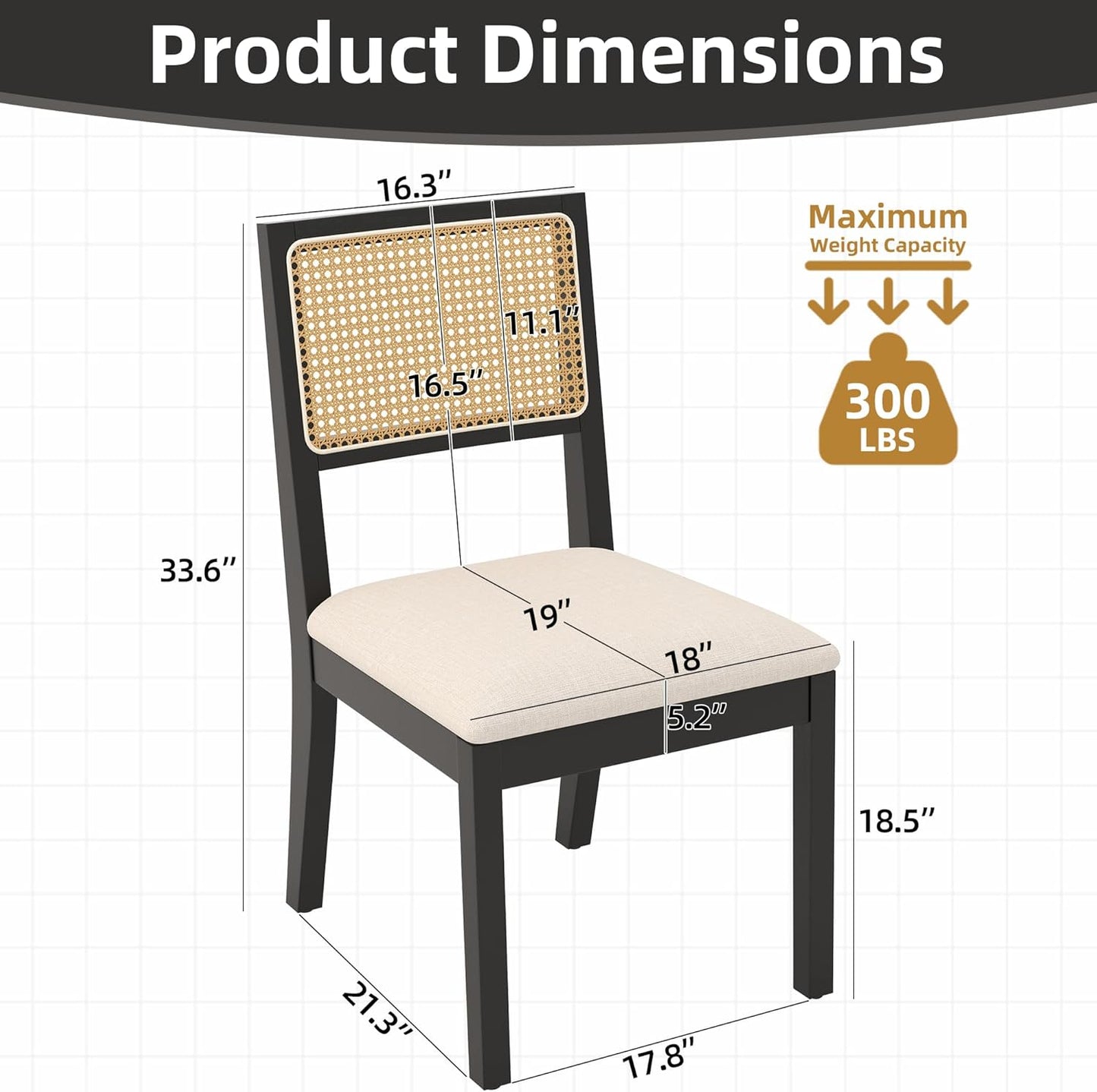 Westice Rattan Dining Chairs Set of 6, Farmhouse Natural Dining Room Chairs with Upholstered Cushion, Wood Armless Chairs for Kitchen/Restaurant, Black