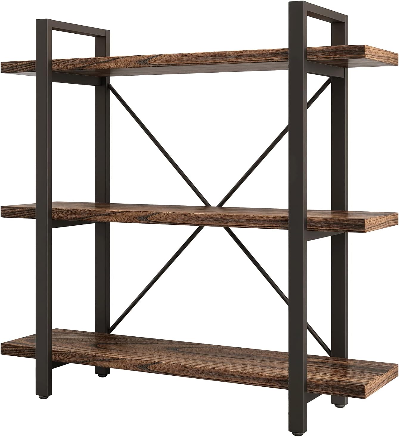 3 Tier Bookshelf Modern Rustic Open Bookshelf Office Solid Wood Bookcase and Book Shelves Wood and Metal Shelving Unit,Distressed Brown (AY-02-3Tier)