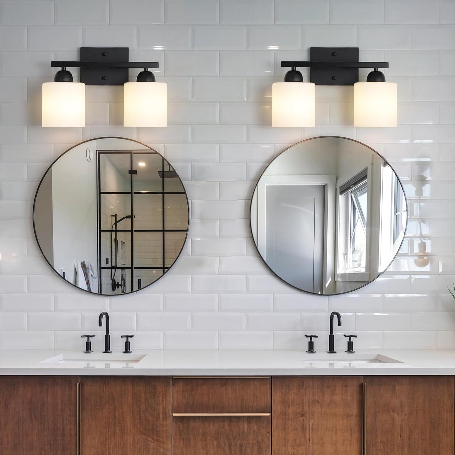 Milk Glass Vanity Lights for Bathroom, 2 Light Matte Black Bathroom Light Fixtures Over Mirror, Ceramic E26 Sockets Wall Mounted
