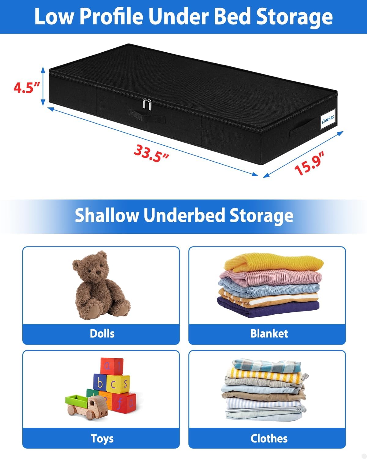 Under Bed Storage Containers, Low Profile Underbed Storage Bin 4.5 Inches Tall Clothes Storage Organizer With Rigid Side & Bottom, Shallow Thin Under Couch Dresser Storage Dorm With Lid - 2Pcs Black