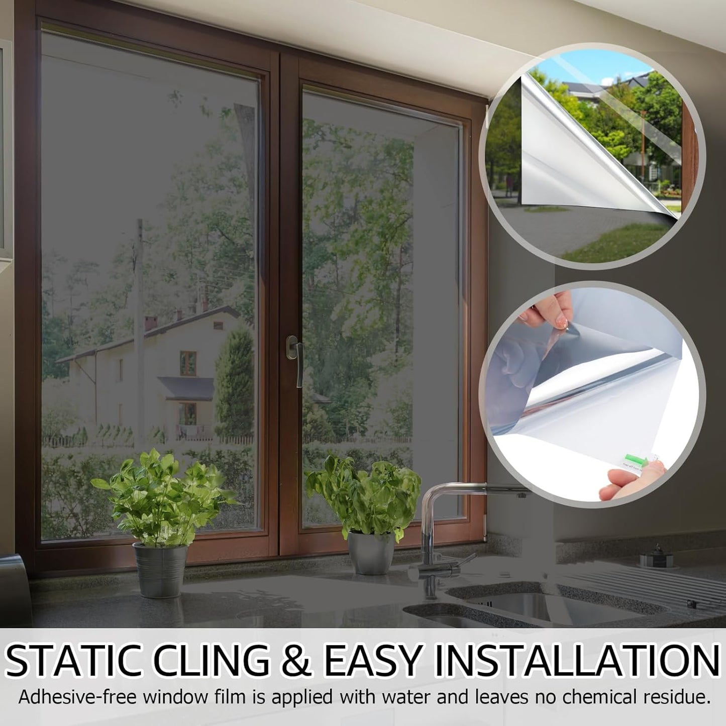 HIDBEA One Way Window Film, Daytime Privacy Sun Blocking Reflective Window Film No Glue Static Cling Heat Control Window Tinting Film for Home and Office, Black Silver, 29.5 x 157.5 Inch