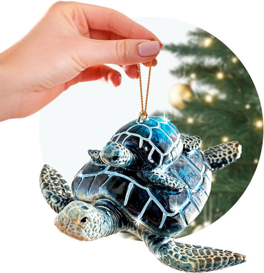 Hand-Painted Beach Christmas Ornament – Coastal Tree Decoration for Ocean Lovers – Unique Nautical Ornament for Christmas Tree or Stocking Stuffer Gift (Blue Sea Turtle Mother and Baby)