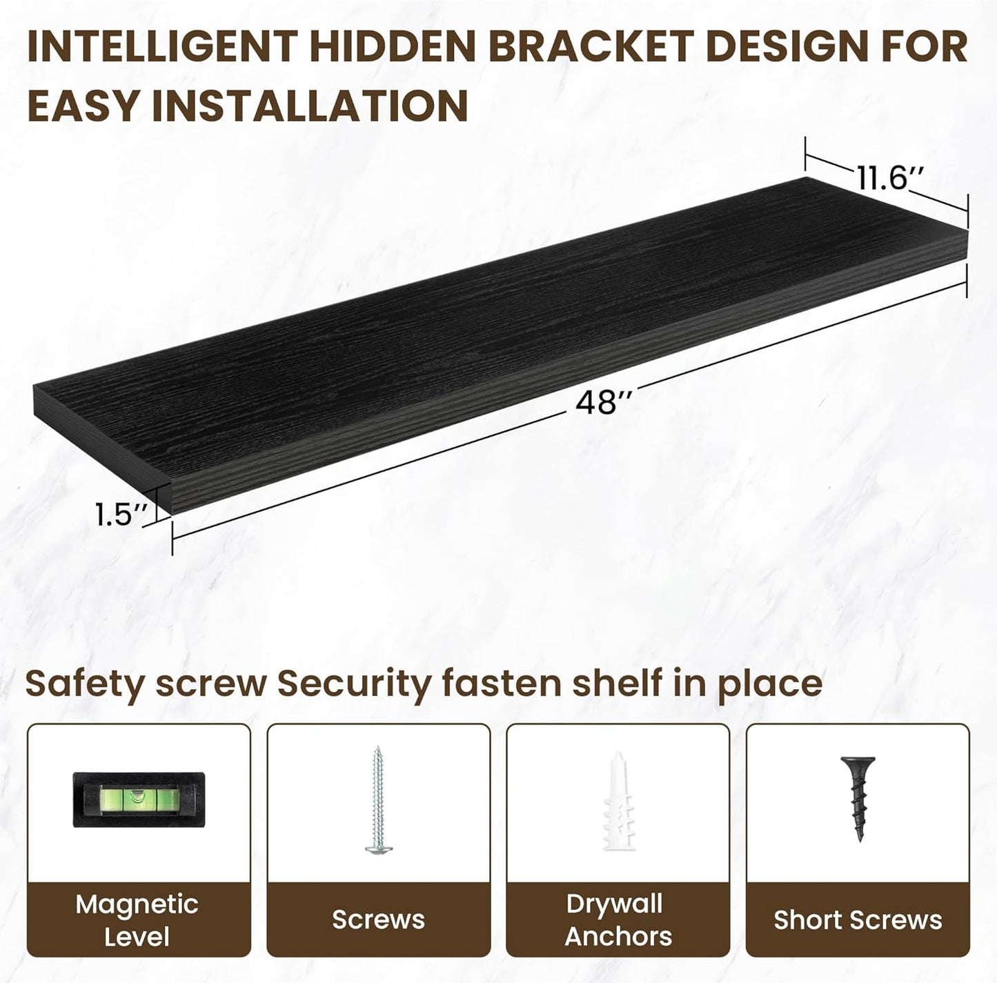 48 Inch Floating Shelves, 11.6 Inch Deep Floating Shelves for Wall, Floating Shelf with Invisible Brackets, Deep Shelves for Bathroom, Bedroom, Living Room, 1 Pack, Black