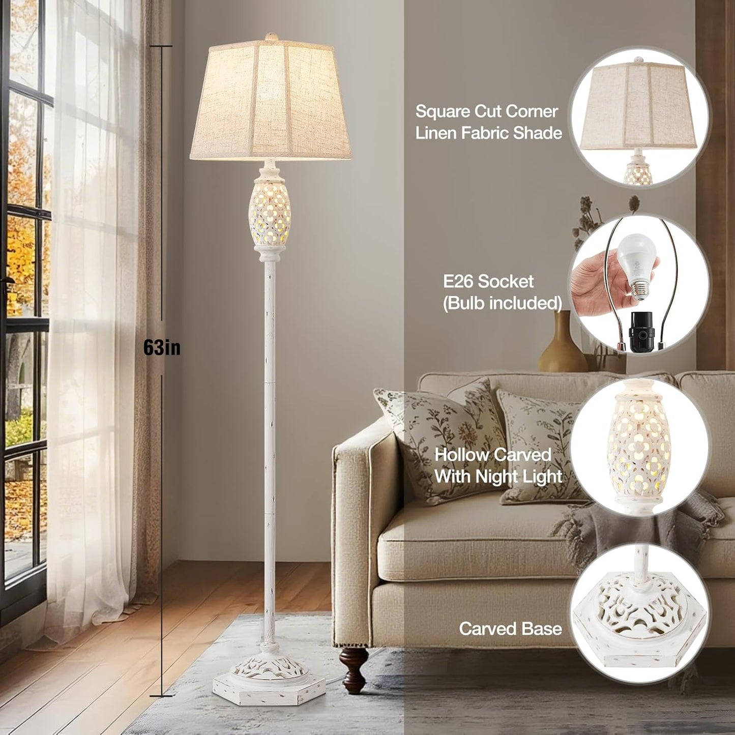 Luvkczc Rustic Floor Lamp with Floral Cutouts & Light, Vintage Farmhouse Style Standing Lamp Resin Floor Lamps for Living Room, Bedroom,Study (Bulb Included)