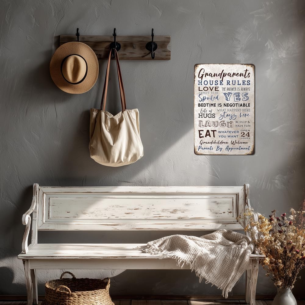 Heuhuww Grandparents Gifts-Vintage Grandparents House Rules Metal Sign for Grandma Grandpa from Grandkids Rustic Farm Home Kitchen Decor 12" x 8"(H19)