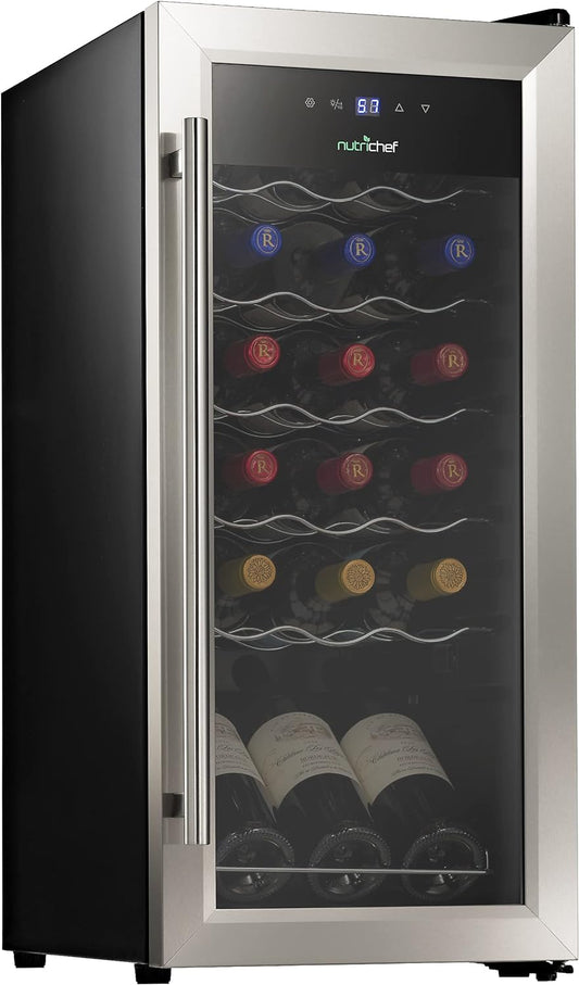 NutriChef PKCWC18 Slim Wine Fridge 18 Bottle Mini Beverage Chiller Adjustable Temp Control, 30x13x17 IN, Black