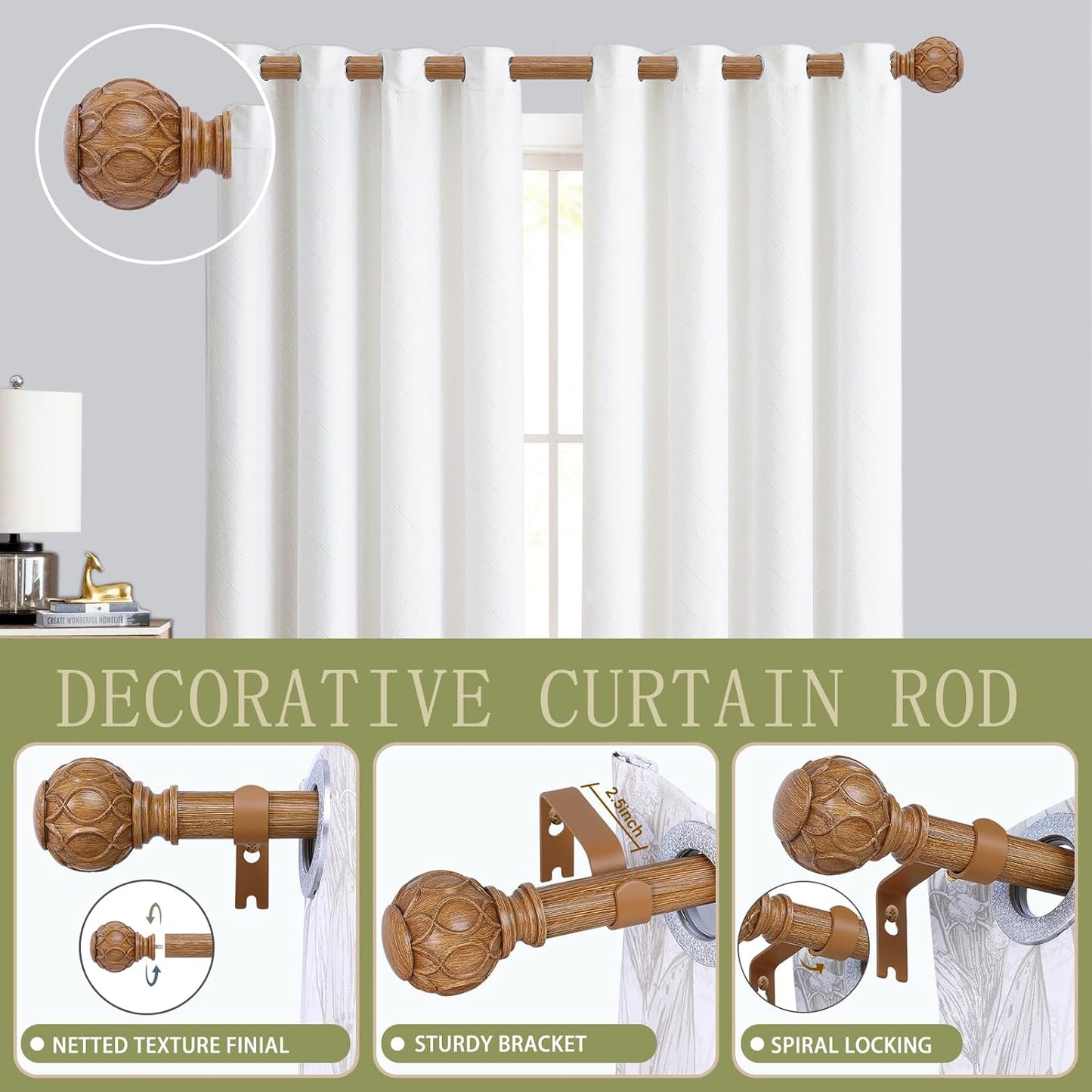 Wood Boho Curtain Rods for Windows:18-60Inch Wooden Farmhouse Curtain Rod for Bedroom Living Room,Heavy Duty Adjustable Rustic Decorative Drapery Rods with Vintage Imitation Wood Finial,Brown