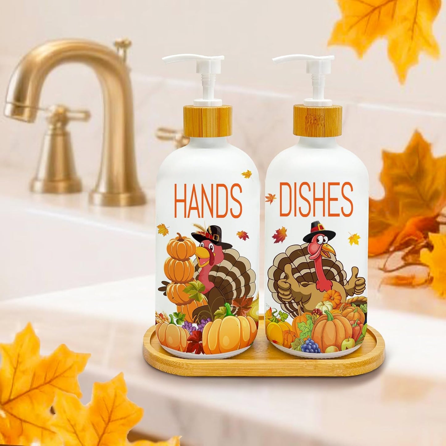 Hexagram Thanksgiving Decorations Indoor, Thanksgiving Kitchen Soap Dispenser Set of 2, Turkey Glass Soap Dispenser for Home Decor, Turkey Refillable Lotion Essential Oil Dispensers with Pump