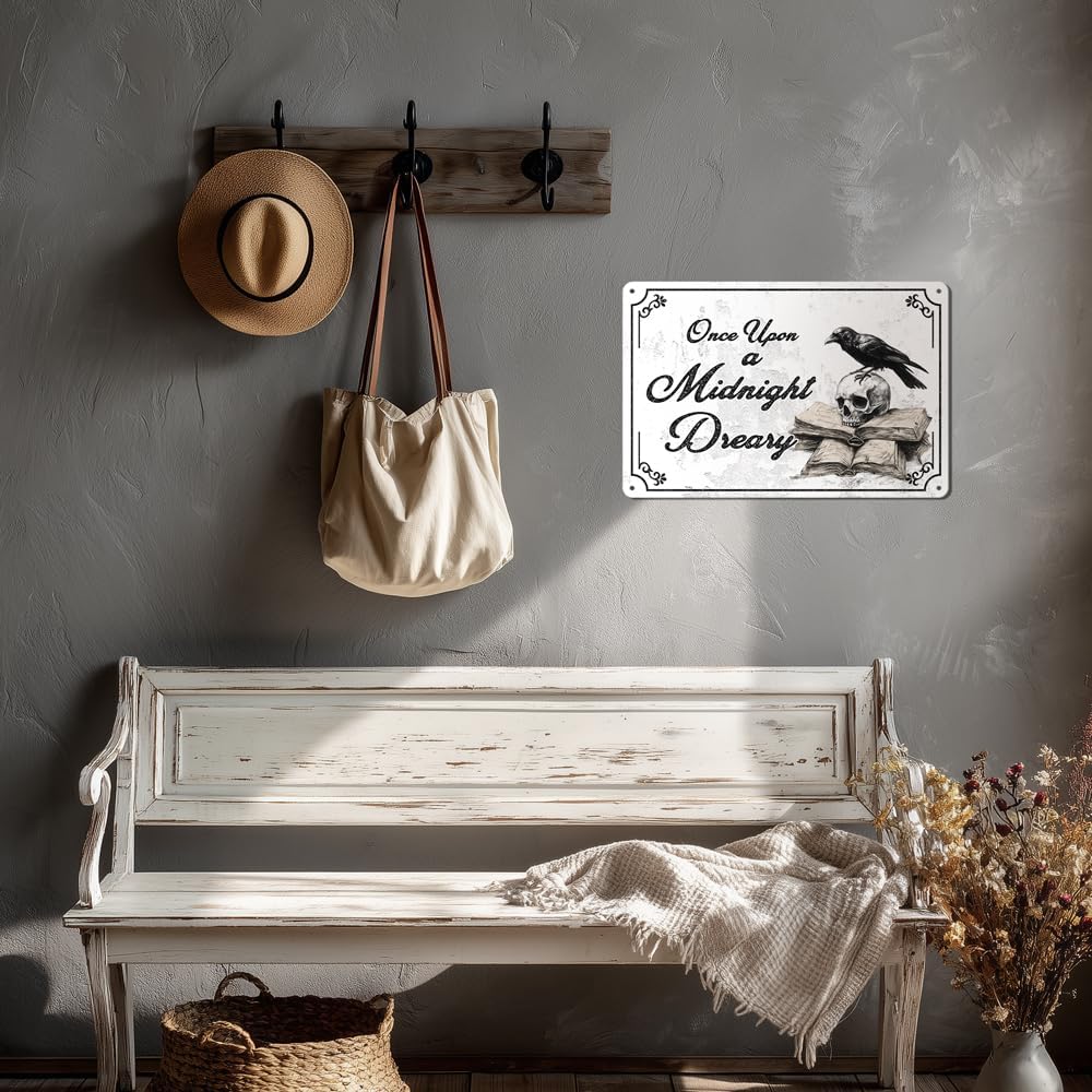 Heuhuww Vintage Gothic Wall Decor-Once Upon A Midnight Dreary Gothic Metal Sign for Home Room,The Raven, Literary Gift 8"x12"(H28)