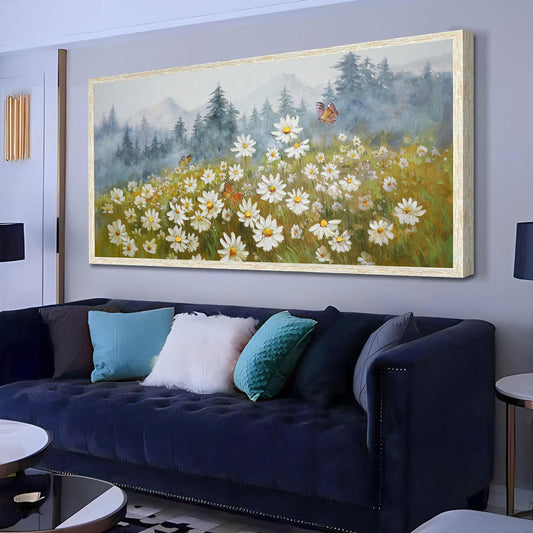 Arjun Flower Wall Art Canvas Landscape Daisy Painting Mountain Picture White Daisy Textured Floral Artwork for Living Room Bedroom Bathroom Office Home Wall Decor, Large Wood Grain Framed 48"x24"