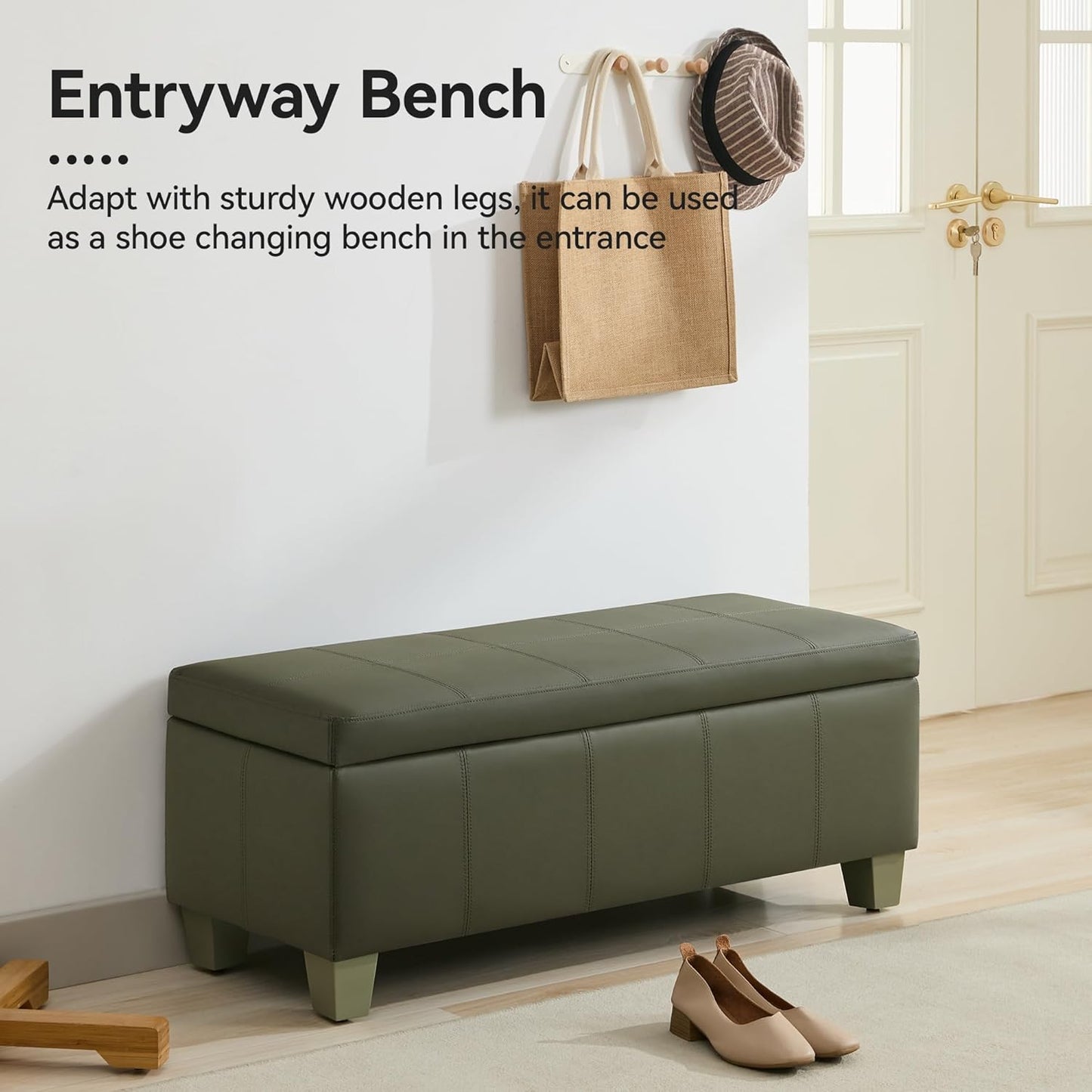 41" Faux Leather Storage Ottoman, Stitch Tufted Rectangle Upholstered End of Bed Storage Bench, Entryway Large Couch Ottoman with Wooden Legs,Green