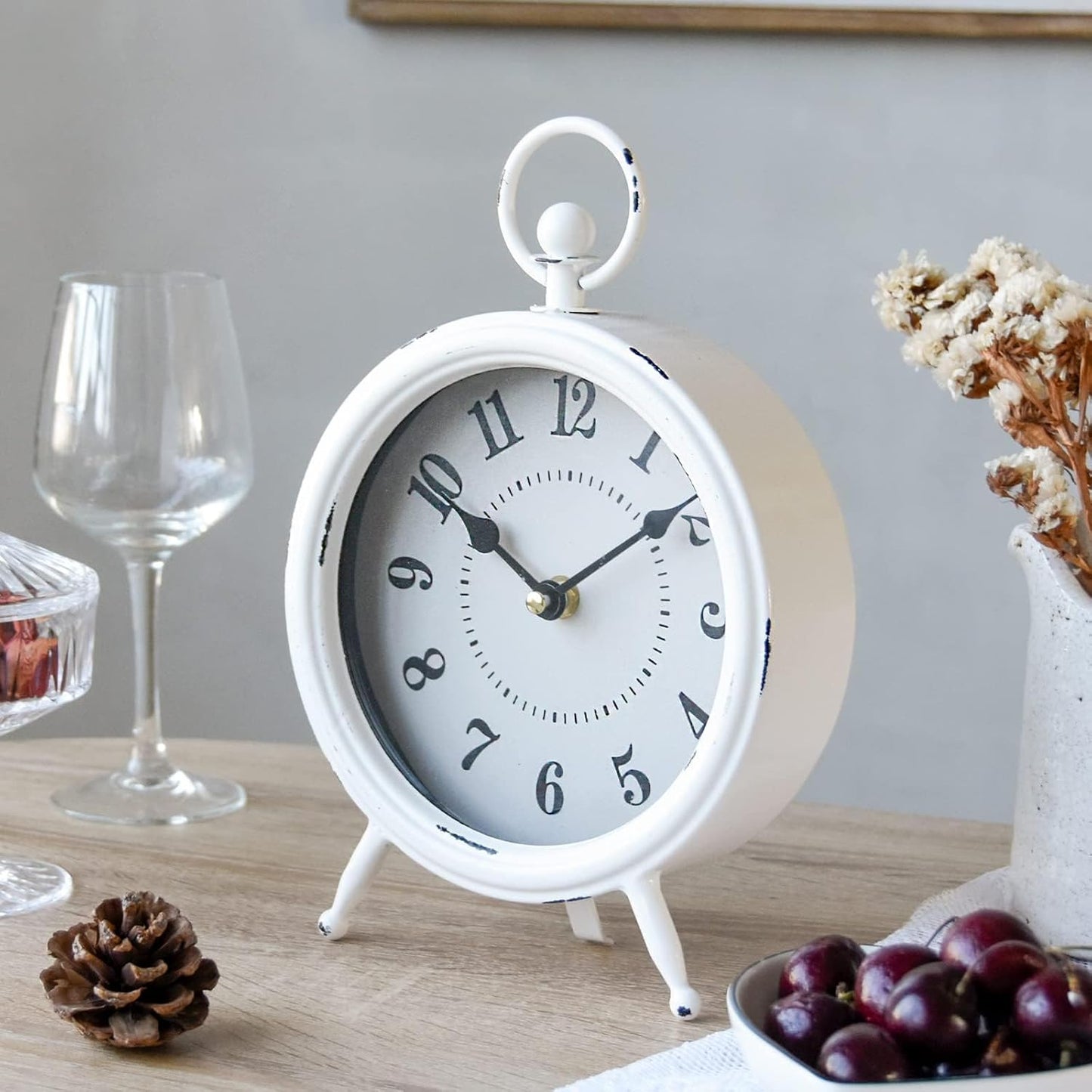 Vintage Rustic White Table Clock on Stand, Decorative Desk and Shelf Clock Farmhouse Mantel Clock Rustic Non-Ticking Clock