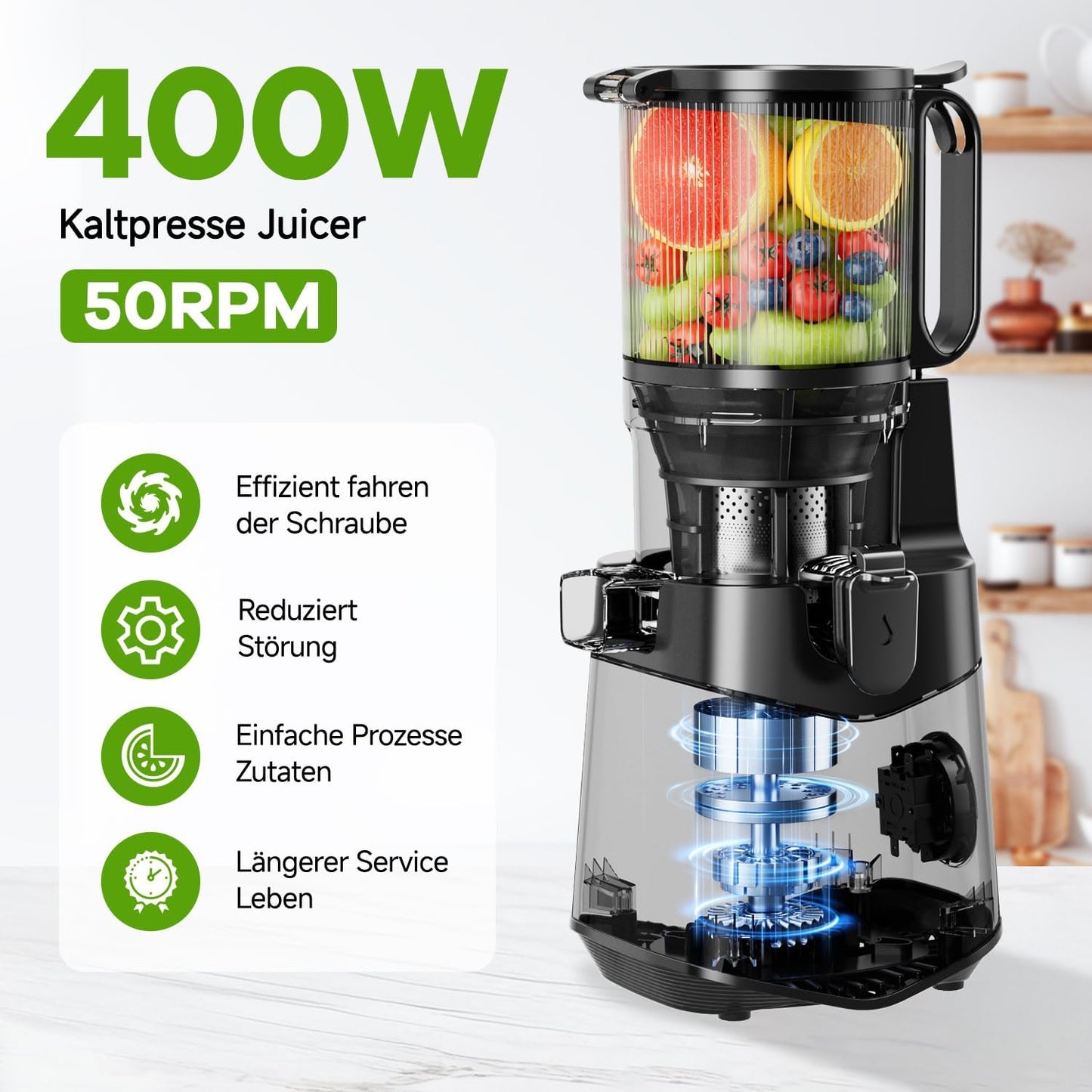 Cold Press Juicer, 5.3" Wide Feed Chute Juice Extractor Machine with 400W, High Juice Yield, Slow Masticating Juicer for Whole Vegetables & Fruits, Deep Grey