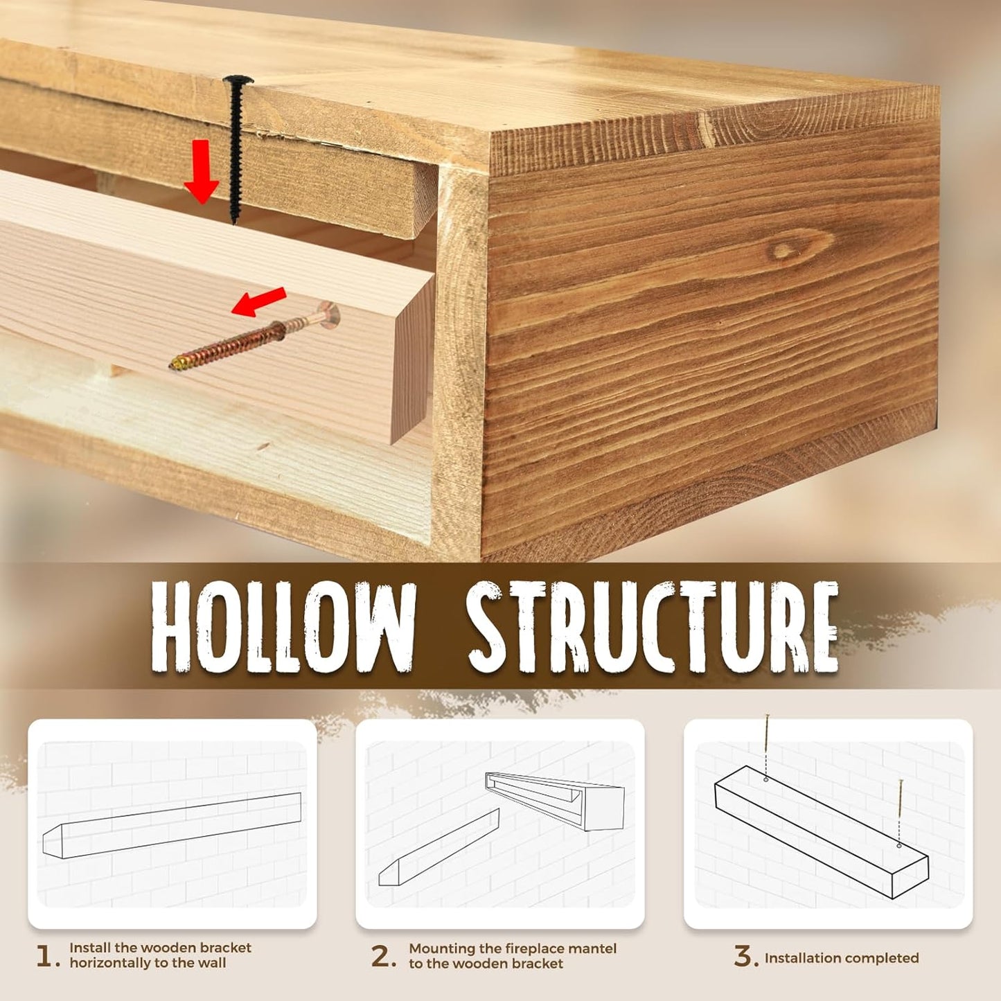 72x8x5 Fireplace Mantel - Handcrafted Rustic Solid Wood Wall Mounted Floating Shelf with Invisible Heavy Duty Wood Bracket (Natural)