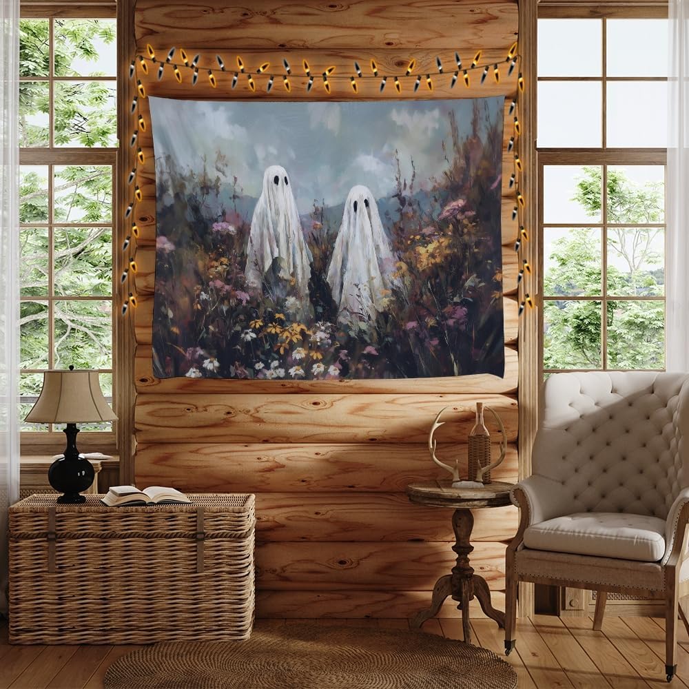 Halloween Ghosts in Wildflowers Tapestry Wall Hanging Spooky Cute Ghost Floral Tapestries Victoria Moody Artwork Aesthetic Print for Goth Living Room Bedroom wall Decor 30x40inch
