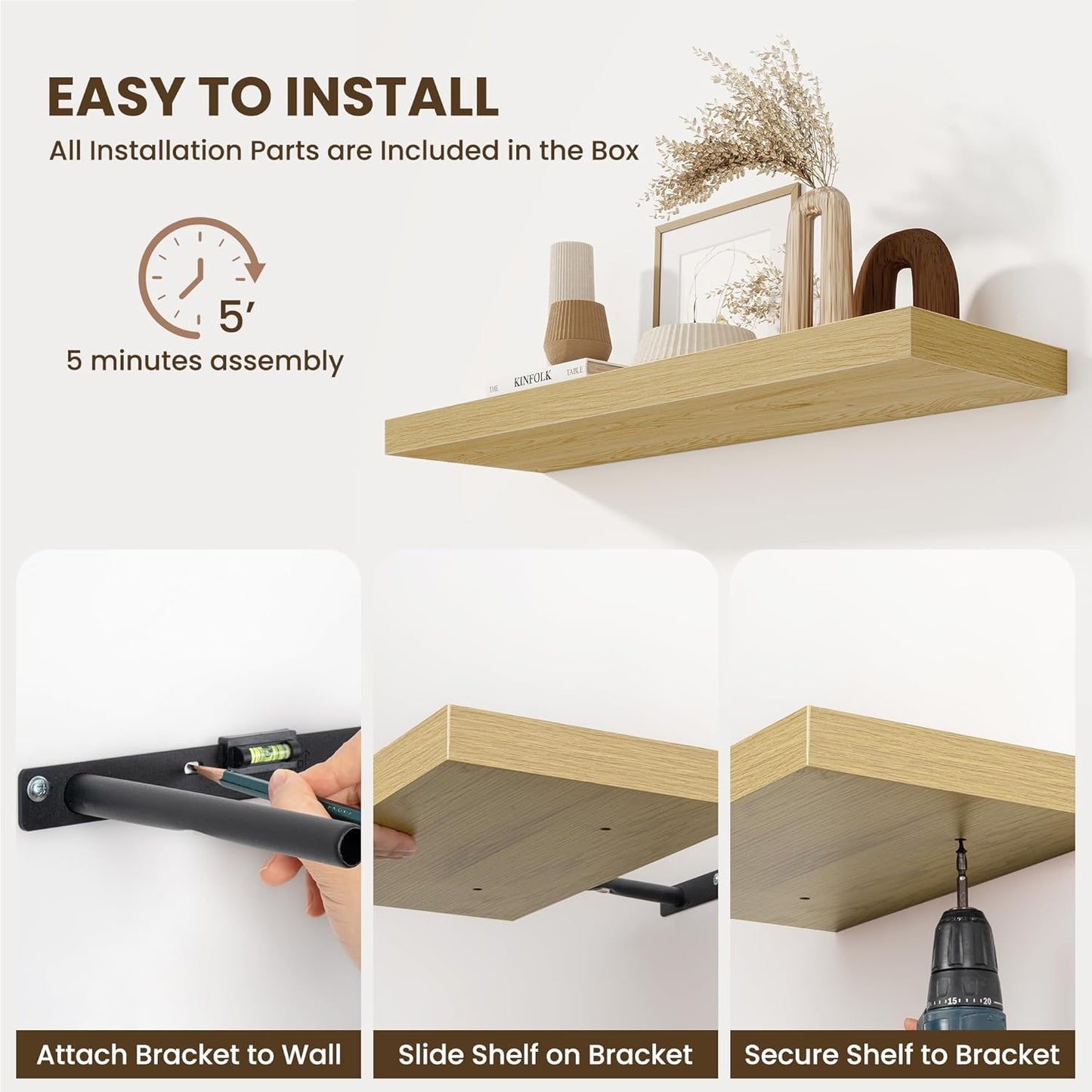 Fun Memories 48 Inch Floating Shelves for Wall - 10 Inch Deep Fireplace Mantel Shelf - Wood Floating Shelves for Wall - Large Storage Shelves Wall Mount for Living Room & Bedroom - Oak - Set of 1