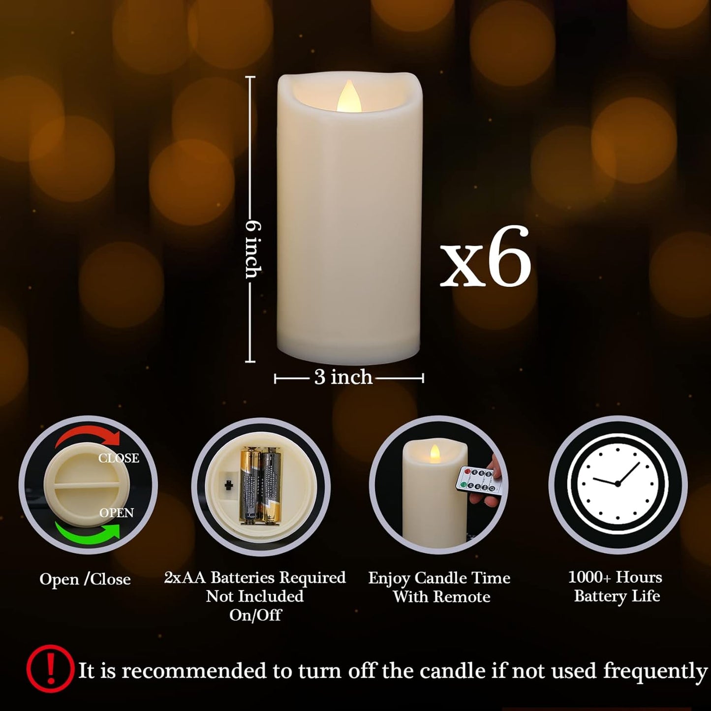 Waterproof Flameless Candles with Remote and Timers, Outdoor Indoor Flickering Battery Operated LED Pillar Candles, Ivory Plastic, Long-Lasting, Set of 6（D3 X H6）