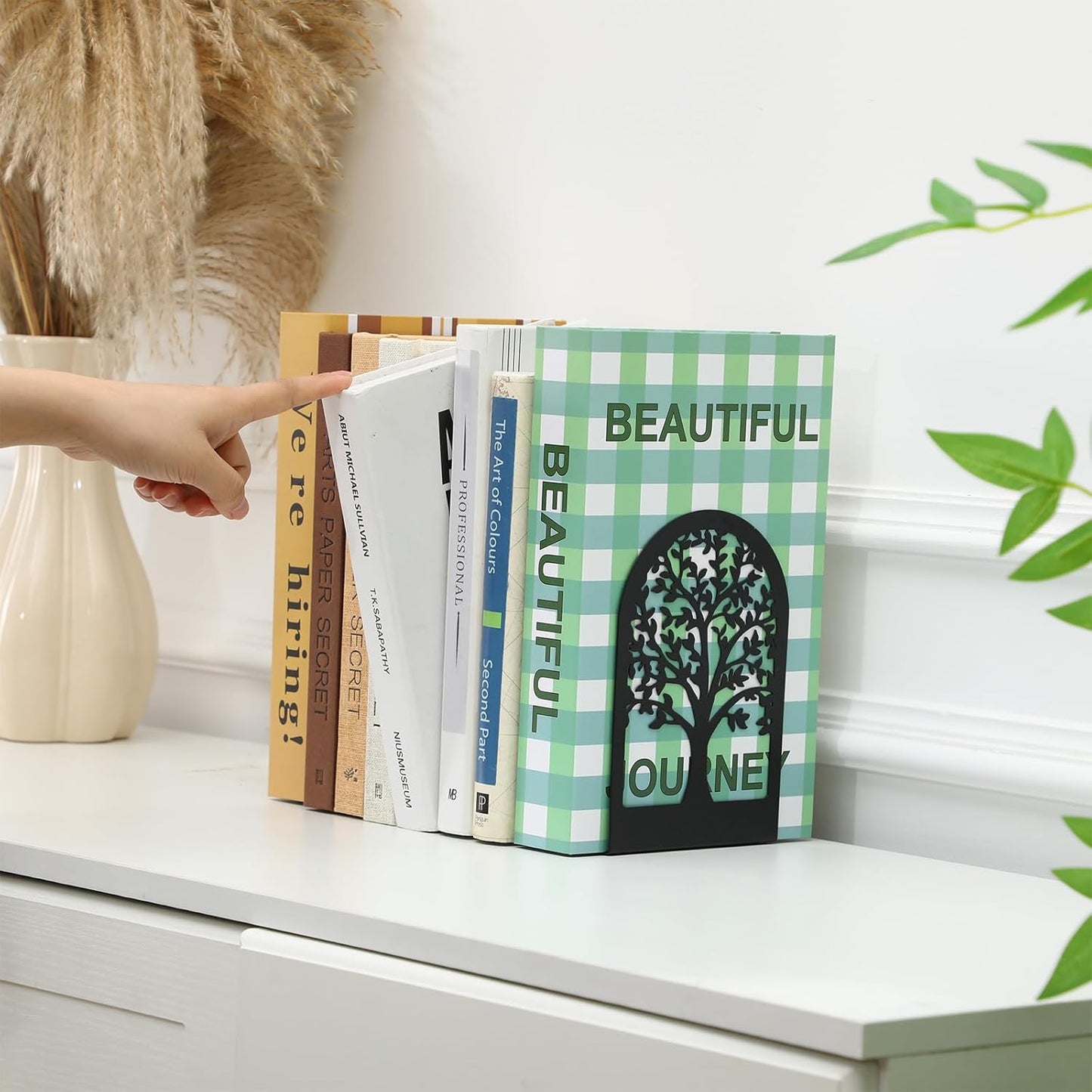 Faccito 5 Pairs Book Ends, Black Metal Bookends for Shelves Decorative, Non Skid Tree Stopper and Flower Shelf Holder for Heavy Books, Home Office School Supplies(Modern)