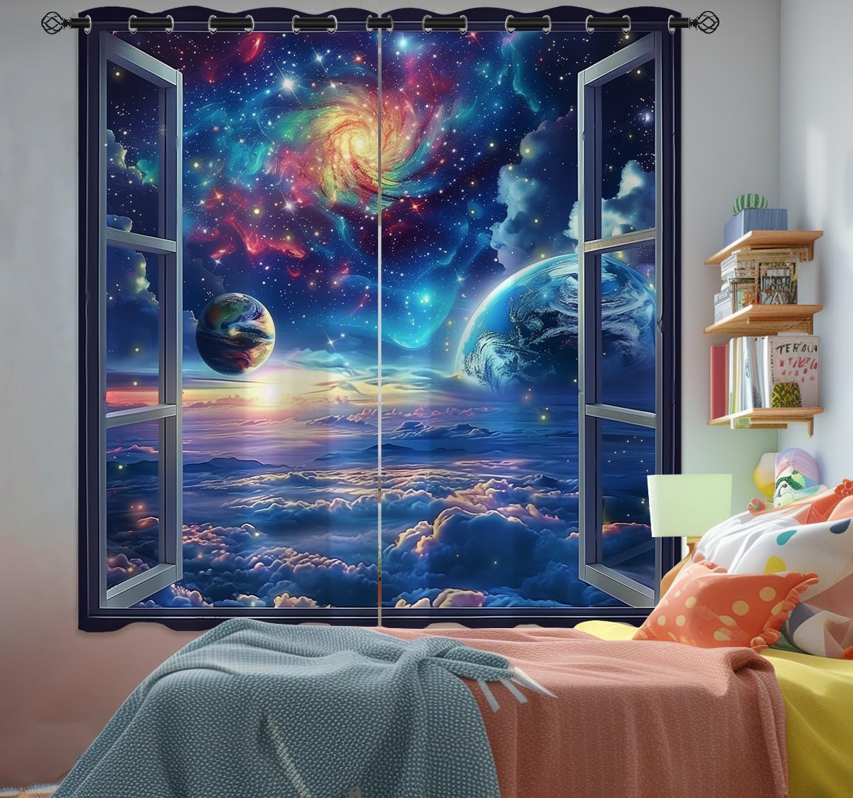 Space Galaxy Blackout Curtains for Girls Boys Kids Home Decor, Universe Nebula Galaxies Solar Planet Grommet Thermal Insulated Drapes Darkening Window Curtain for Bedroom Living Room, 55 x 63 Inch