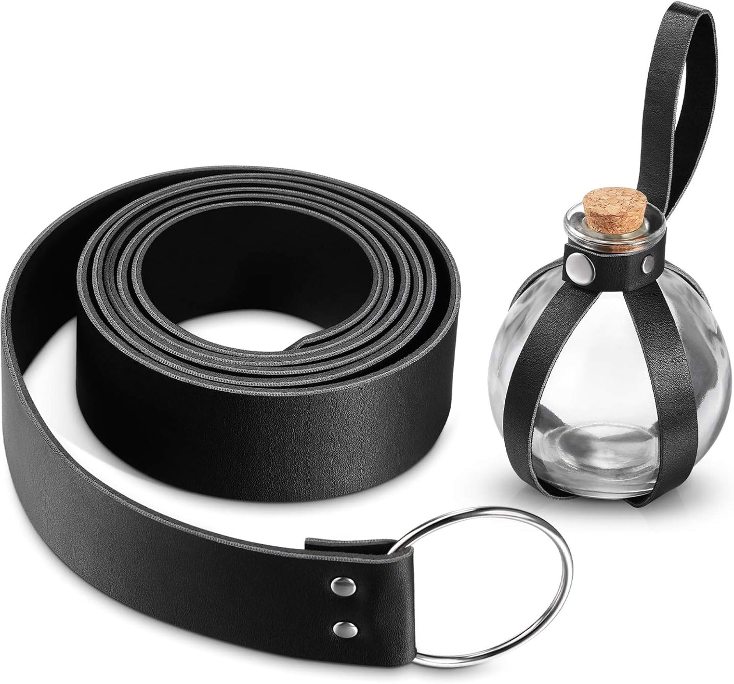 Boao Potion Bottles with Cork Set Dark Magic Cork Round Potion Bottle with Leather Belt Clear Glass Large for Halloween Costume Props DIY Crafts Decorative, 200 ml(Black)
