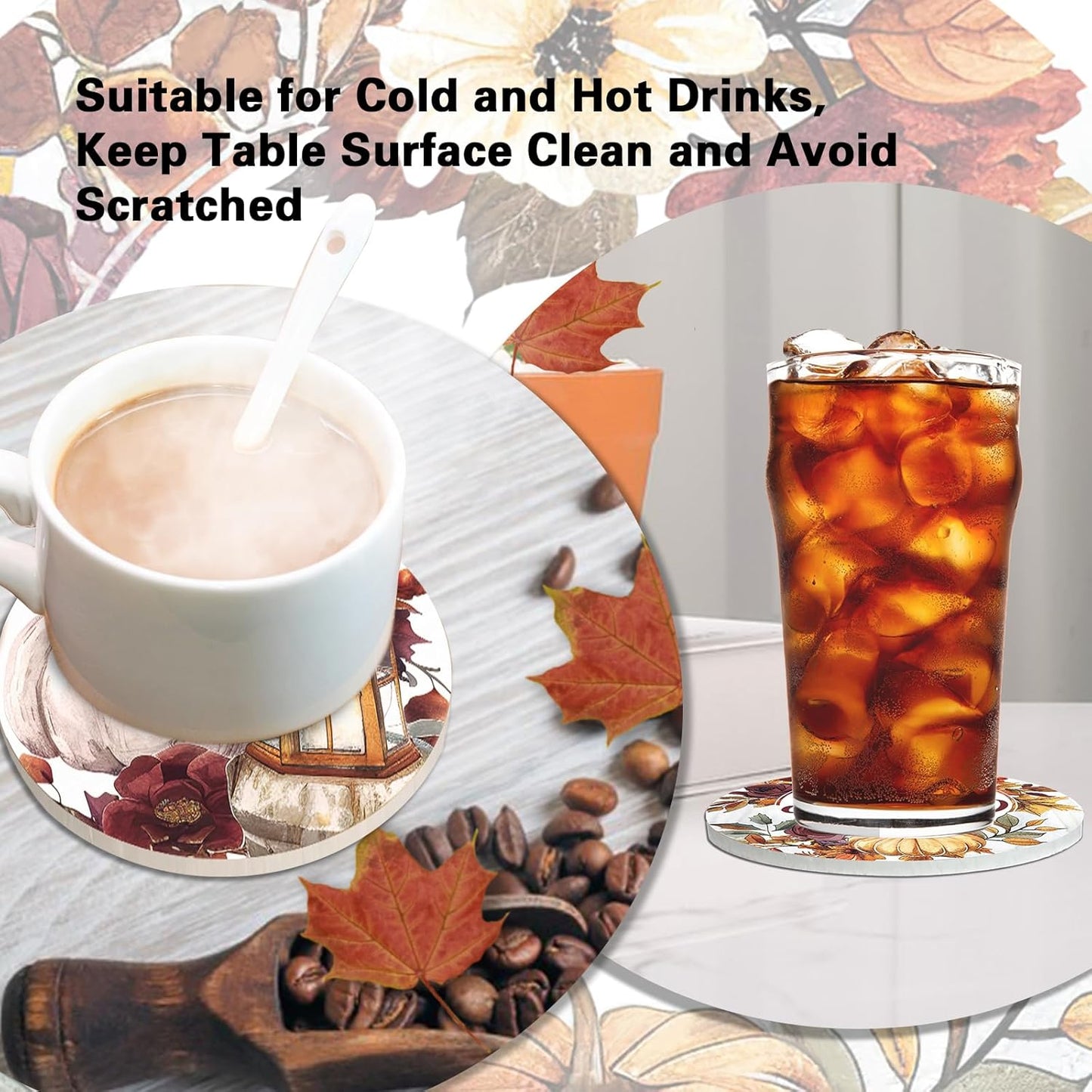 Hello Fall Drink Coasters with Holder Set of 6, Autumn White Pumpkin Floral Absorbent Ceramic Cup Mat for Coffee Table Protection, 4 Inches Vintage Flower Home Kitchen Decor Housewarming Gifts