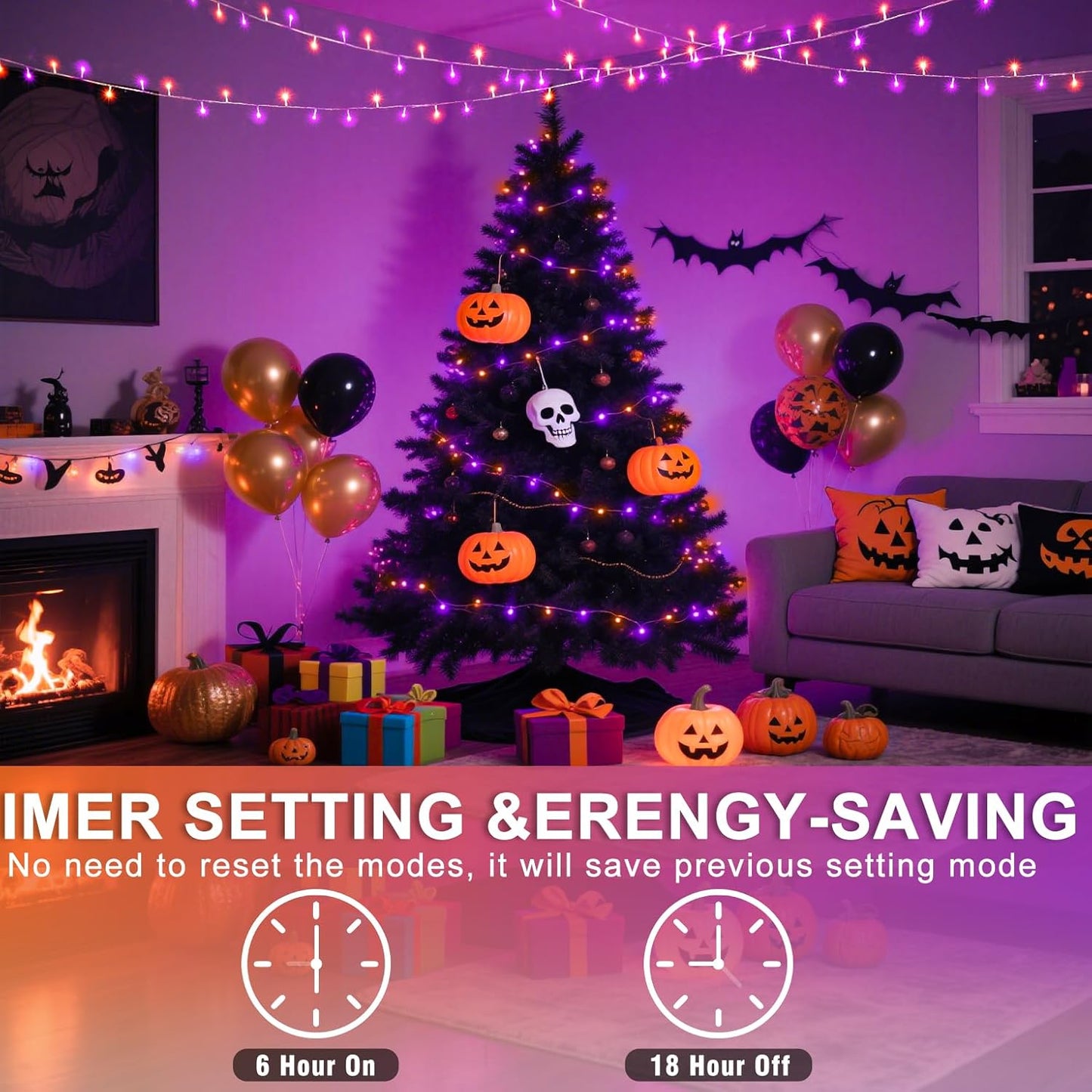 600 LED Halloween String Lights Outdoor, 197 FT Halloween Lights Outdoor Clear Wire with 8 Modes, Plug in Waterproof Christmas Light for Tree Party Christmas Thanksgiving Decorations, Purple&Orange