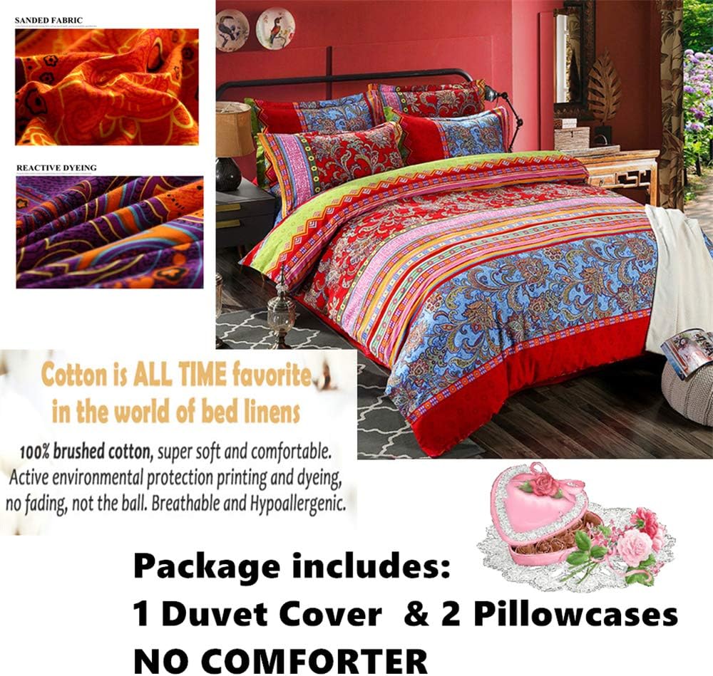 ABREEZE Bohemian Duvet Cover Set Colorful Red Boho Retro Bedding Set Damask Paisley Cotton Duvet Cover Tribal Reversible Bedding Exotic Style Comforter Cover 3-Piece Queen