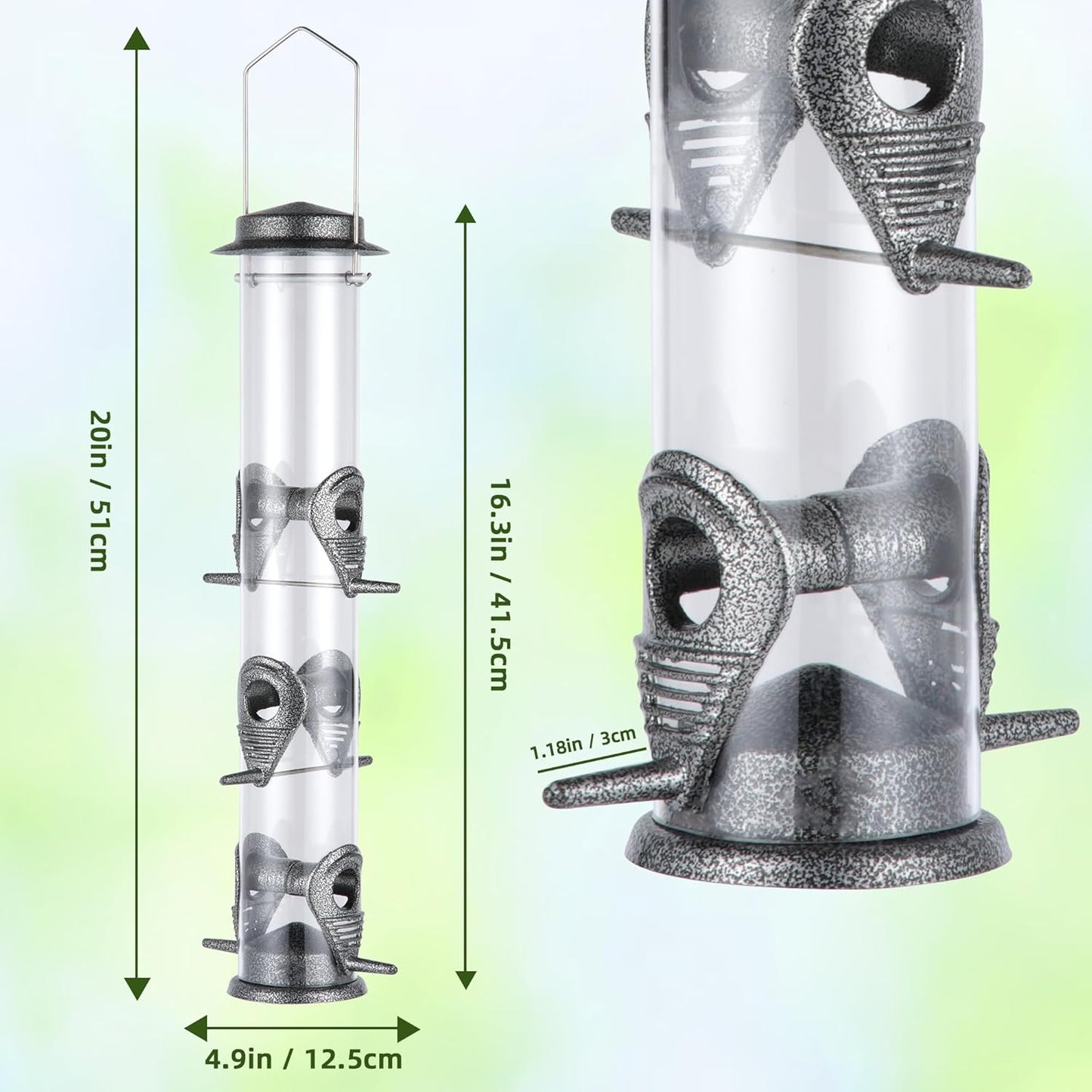 MIXXIDEA 1PK Metal Bird Feeders with 6 Feeding Ports,Tube Bird Feeder with Steel Hanger,Hard Plastic Wild Bird Feeder for Outdoors Hanging, Attracting Birds in Your Lawn, Garden, Balcony-Grey