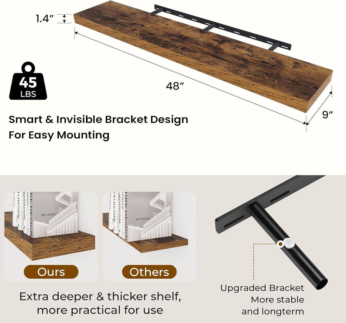 48 inch Floating Shelves for Wall Large Wall Mounted Shelves with Invisible Brackets, Brown Long Shelves for Bathroom, Living Room, Kitchen, Office, 48x9.1 inch deep Set of 2