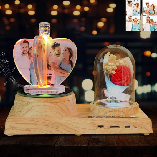 3D Crystal Photo, Personalized 4 Photos-Color Print Picture, Crystal Night Light Family Baby Mother Lover Daddy Day Gift, Rotating Windmill Rose Ornament lamp