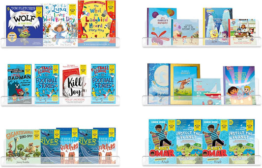 6 Pack Clear Acrylic Floating Shelves for Wall, 15'' Plastic Wall Mounted Display Shelf Kids Bookshelf and Spice Organizer for Bedroom, Living Room, Kitchen, Bathroom, Office