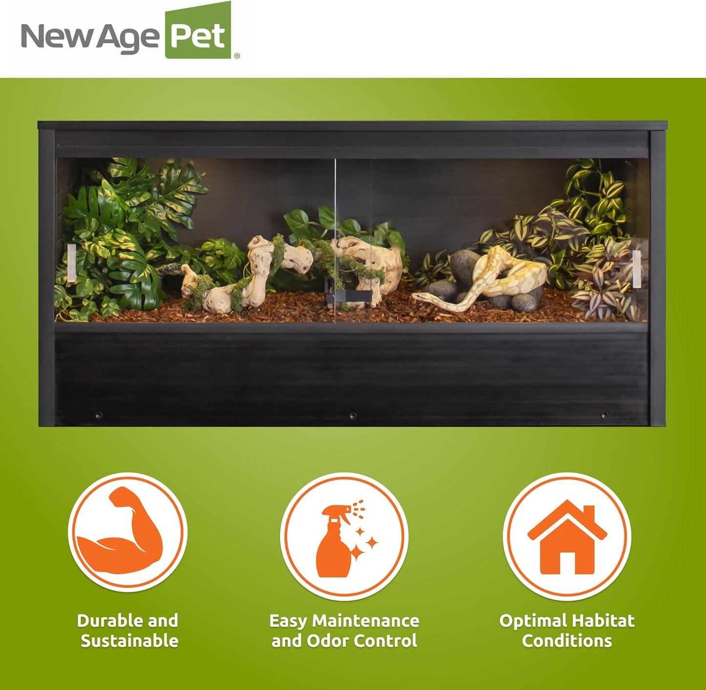 New Age Pet ECOFLEX 48 in Mojave Reptile Lounge in Espresso Black, Durable Wood Plastic Composite Habitat with Vented Side Panels, Removable Sliding Glass Doors, and Mesh Screen Top for Lamp Setup,