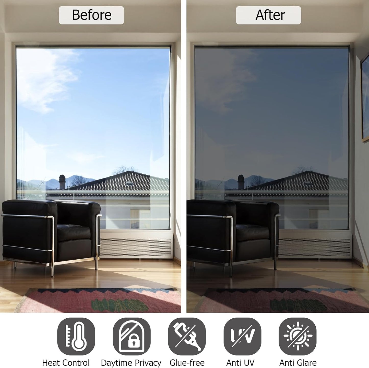 HIDBEA One Way Window Film, Daytime Privacy Sun Blocking Reflective Window Film No Glue Static Cling Heat Control Window Tinting Film for Home and Office, Black Silver, 29.5 x 78.7 Inch