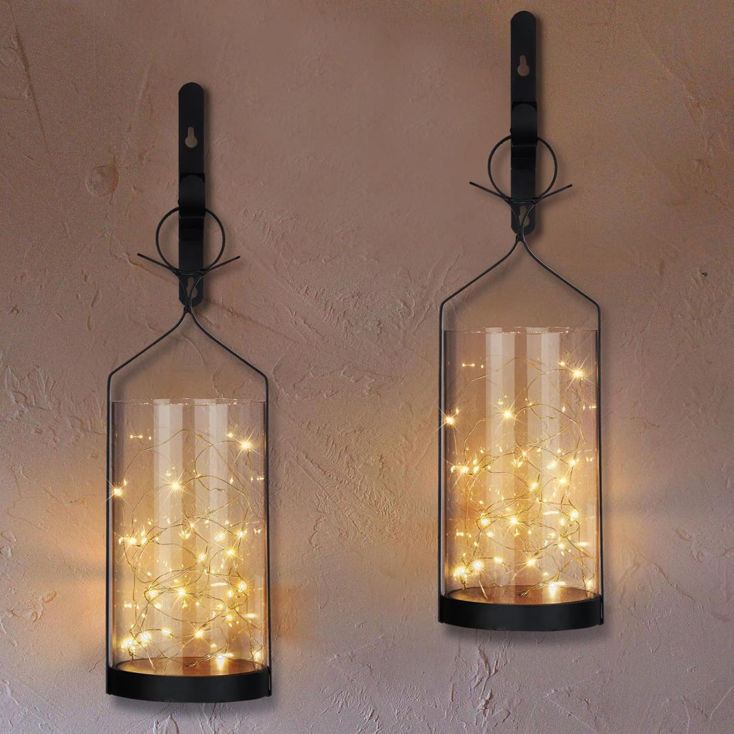 Metal Wall Sconce 35 Led Lantern Set of 2 - Black Wall Mounted Hanging Holder with Glass & Candles Vintage Wall Decor for Porch, Living Room, Dining Room, Bedroom Indoor Decor