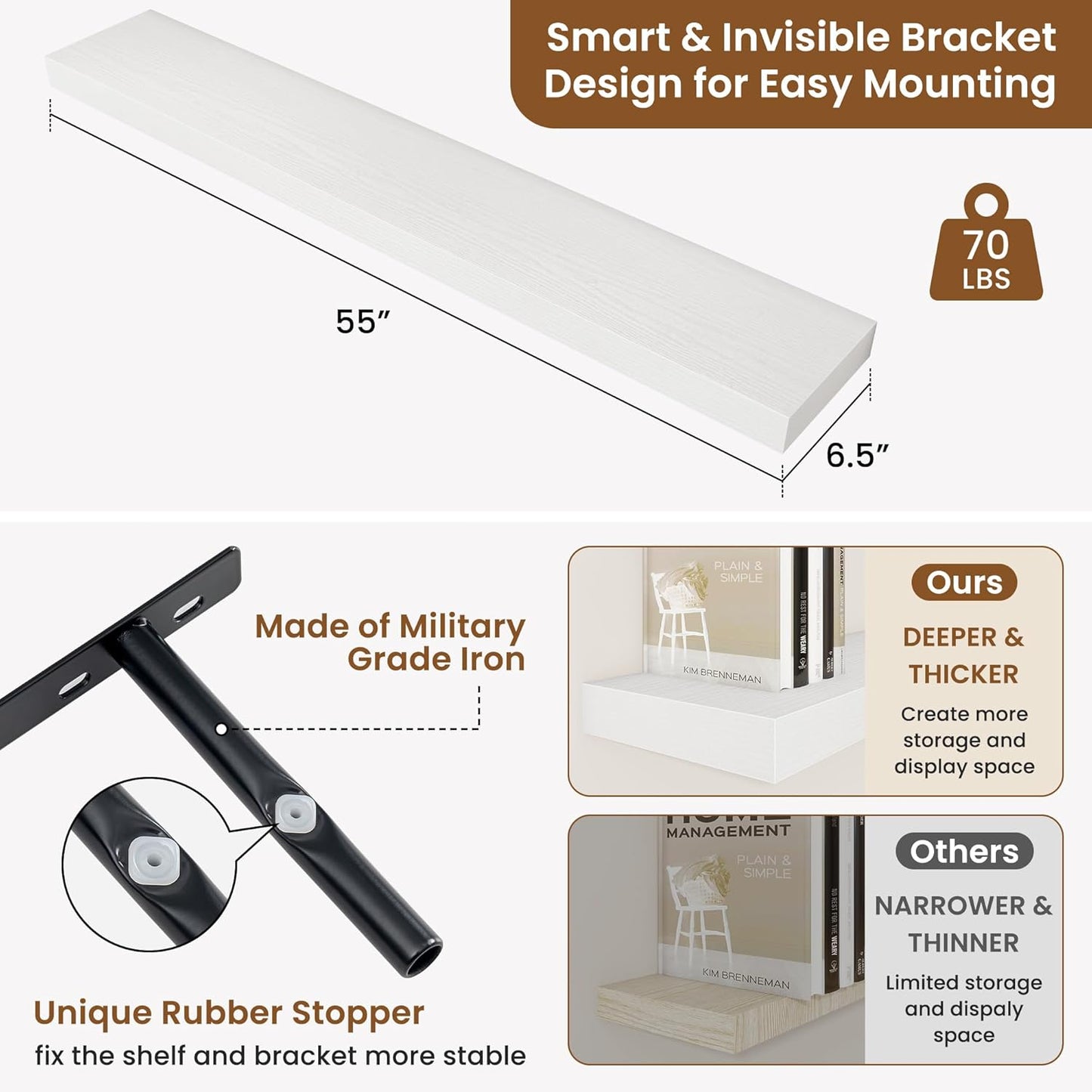 fuqing Floating Shelves for Wall, Bathroom Shelf Wall Mounted for Storage, Shelves with Invisible Bracket for Bedroom, Kitchen, Living Room, Farmhouse Small Book Shelf, 55 Inch Set of 2, White