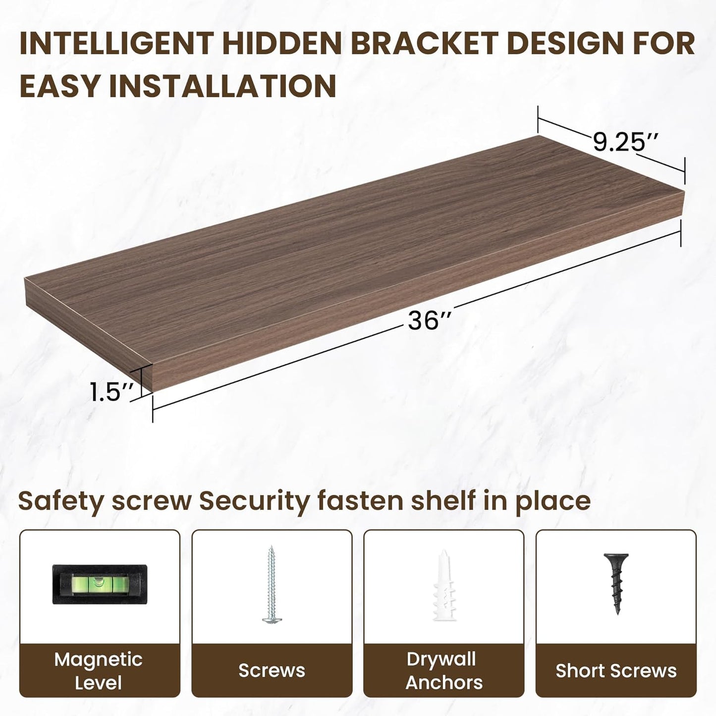 36 Inch Floating Shelves, 36"x9.25"x1.5" Inch Deep Floating Shelves for Wall, Wooden Shelves for Bathroom, Bedroom, Living Room, Walnut