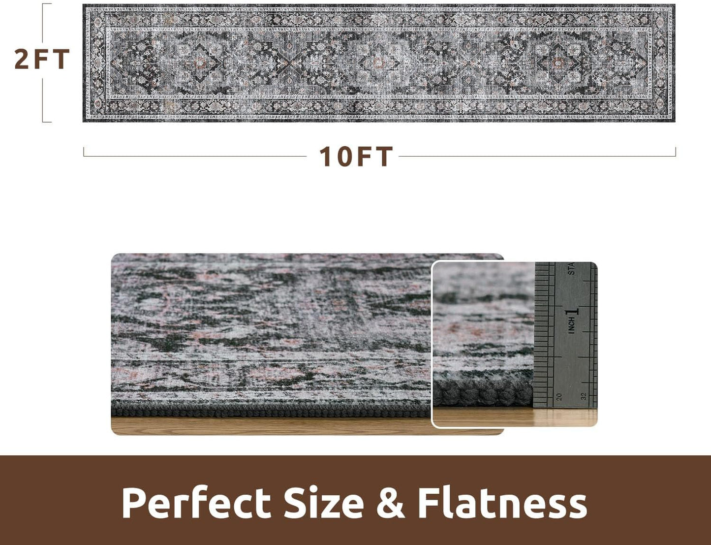 AMOAMI-2X10 Runner Rug-Washable Runners for Hallways-Soft Non Slip Bedside Rugs for Bedroom-Vintage Long Rug for Hallways Entryway Laundry Room Stair Kitchen Bathroom Dark Grey & Black