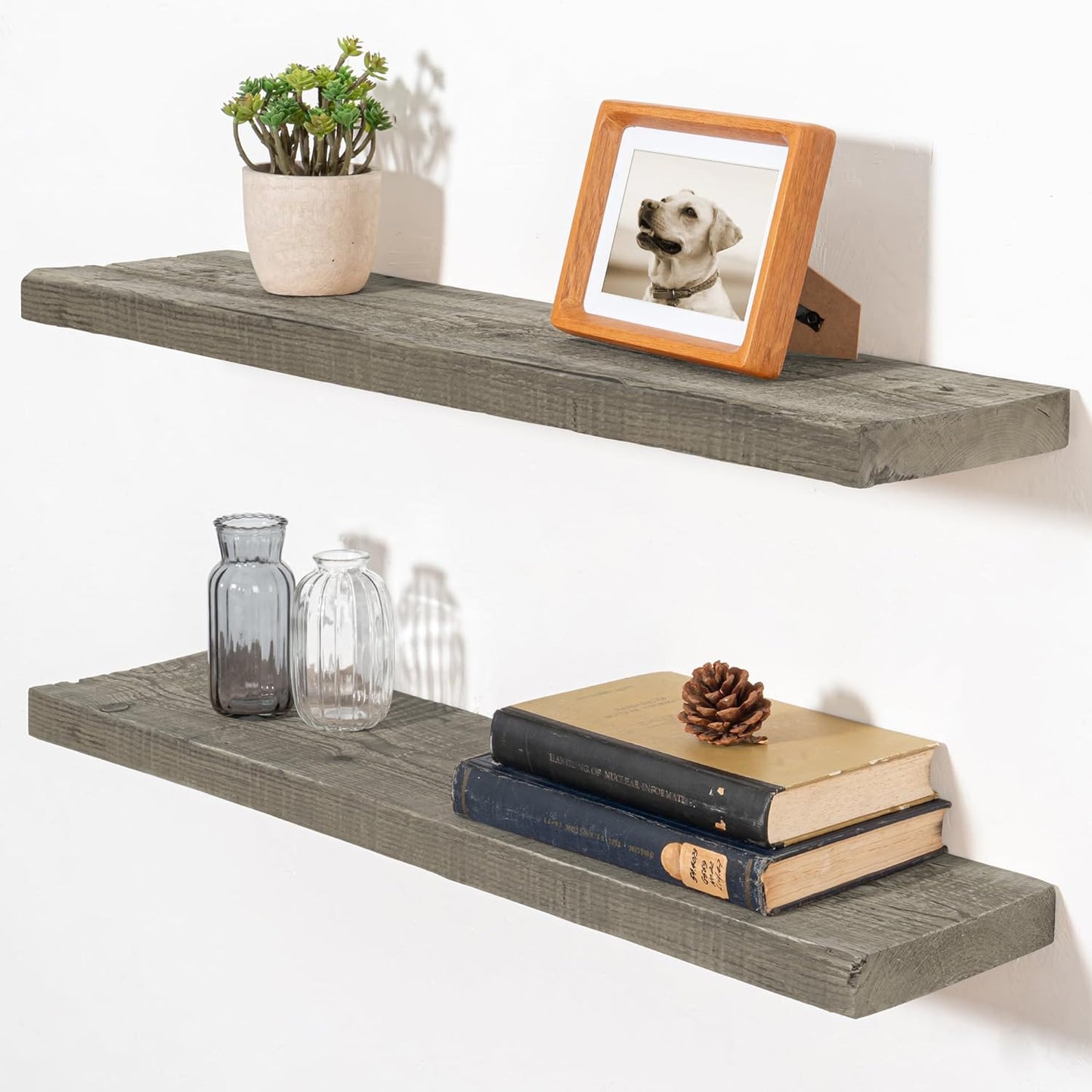 Fun Memories Floating Shelves for Wall Decor, 30"x8" Rustic Reclaimed Wood Shelves, Heavy-Duty Wall Mounted Shelves with Invisible Brackets, Set of 2for Living Room, Bedroom, Kitchen, Grey Finish