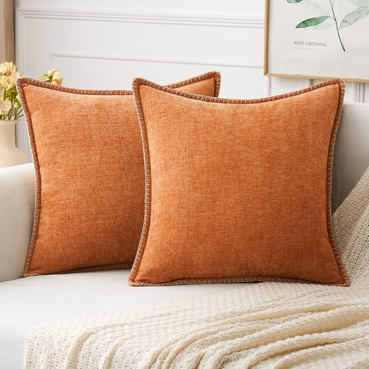 MIULEE Pack of 2 Fall Couch Throw Pillow Covers 18x18 Inch Orange Farmhouse Decorative Pillow Covers with Stitched Edge Soft Chenille Solid Dyed Pillow Covers for Sofa Bed Living Room