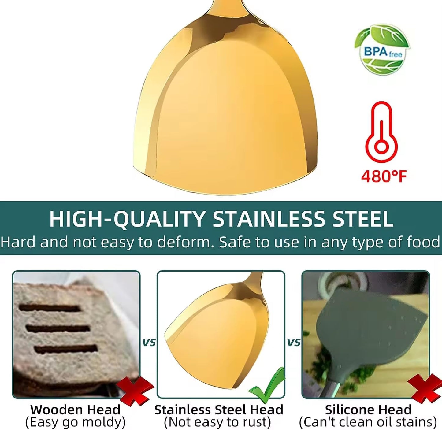 Generic Stainless Steel Kitchen Utensil Set, Spoon, Spatula, Pasta Server, Small Spatula (Pink & Gold)