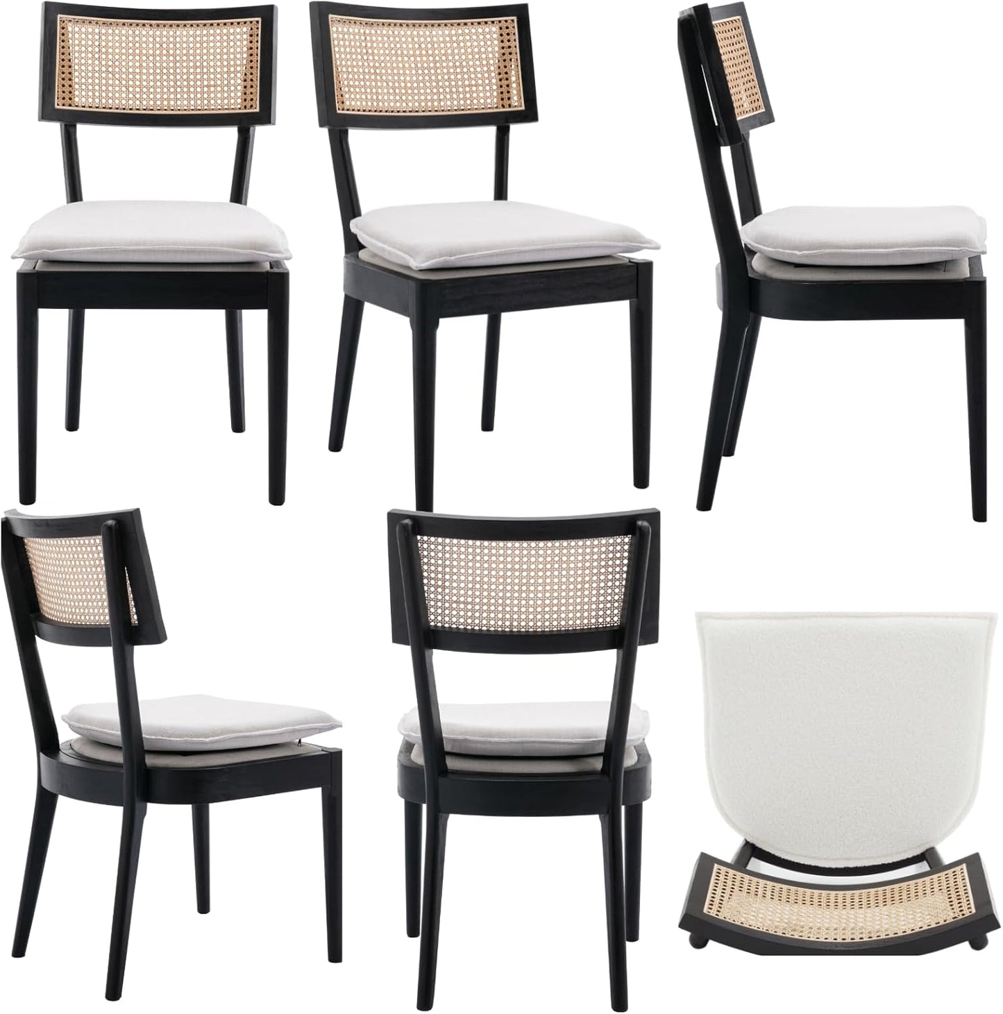 Rattan Dining Chairs Set Of 4 , Mid Century Modern Black Wooden Cane Back Chairs with Removable Linen Cushion , Retro Farmhouse Upholstered Kitchen & Dining Room Chairs for Restaurant Living Room