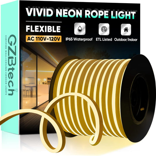 GZBtech Flexible LED Neon Rope Lights 132FT,AC 110-120V Waterproof Strip Light, 120 LEDs/M Cuttable Connectable Neon Lighting for Indoor Outdoor Home Decor/Commercial Building Use-Warm White 40M