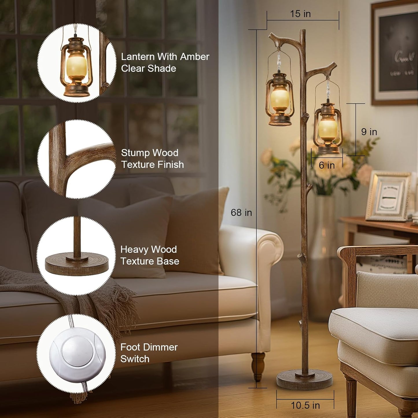 68" Rustic Farmhouse Tree Trunk Floor Lamp Country Brown Finish Wood Vintage Standing Tall Lamp with Lantern Stepless Dimmable Industrial Floor Lamp Decor for Bedroom Living Room Office Hotel