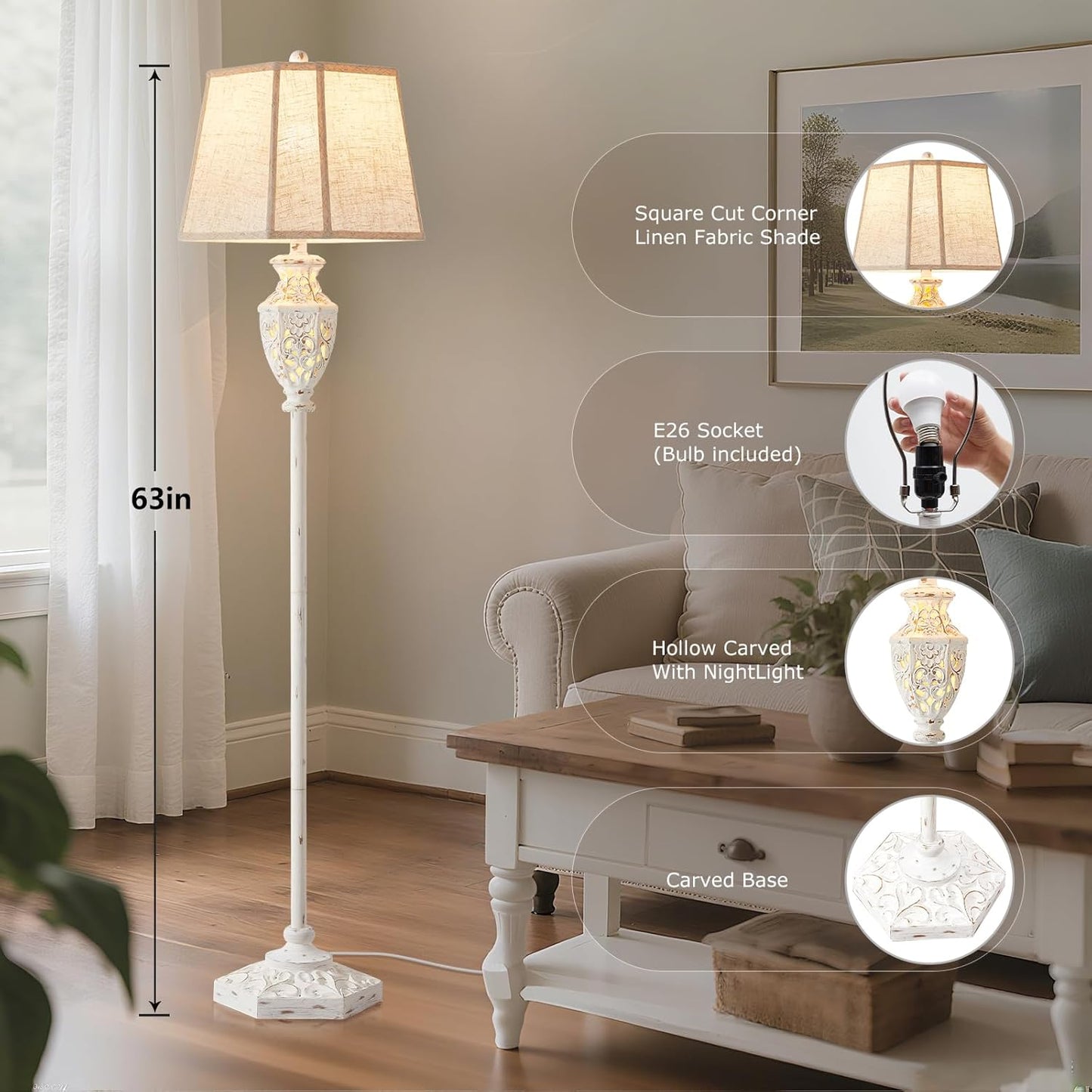 Luvkczc Rustic Floor Lamp - Resin Carved Base with Hollow Night Light, Farmhouse Cottage Decor, Vintage Standing Lamp for Living Room, Bedroom (Includes Bulb)